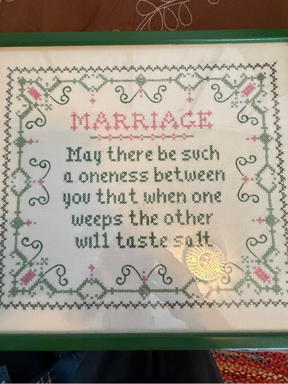 Handmade Embroidered 'Marriage' Cross Stitch Quote in Pink & Green Frame